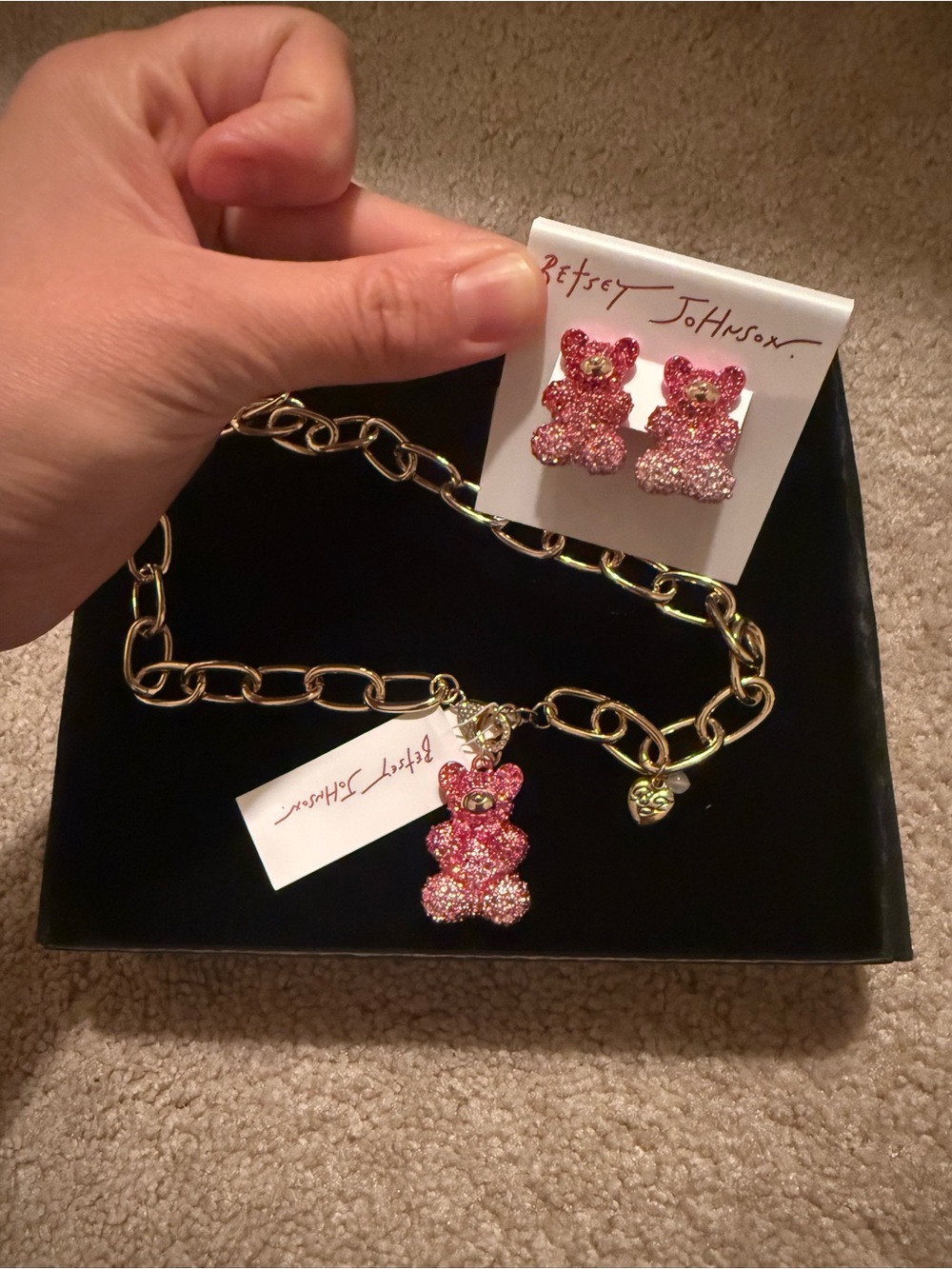 Betsey Johnson Pink Glitter Teddy Charm Necklace and Earring Set